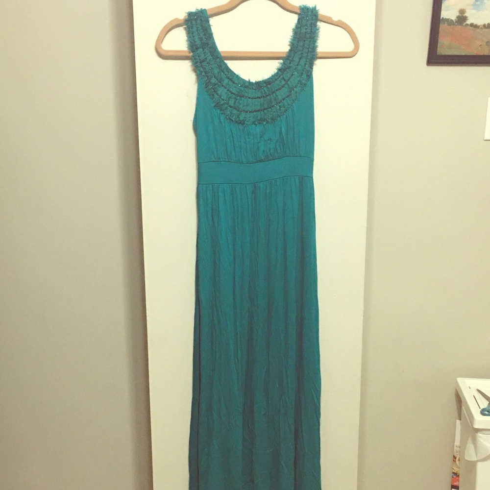 Green Maxi Dress With Beaded Collar
